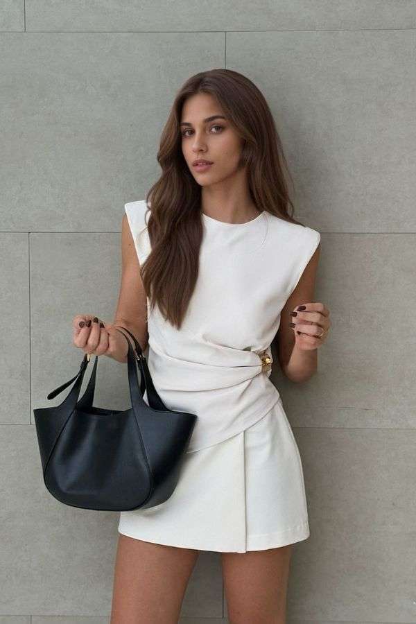 Elegant Sleeveless Top with Gold Accent & Skirt - M, White image