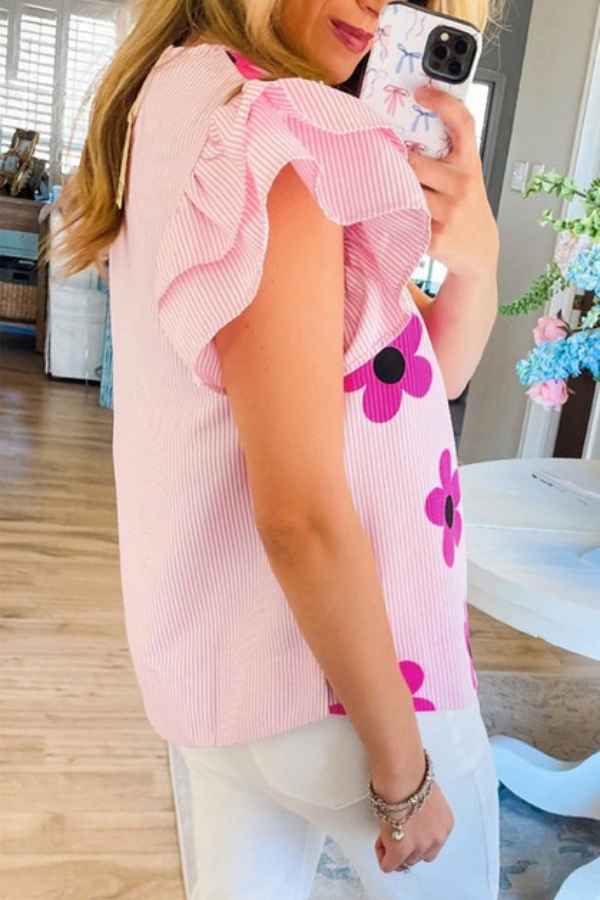 Floral Ruffled Sleeve Round Neck Striped Blouse Top image 1