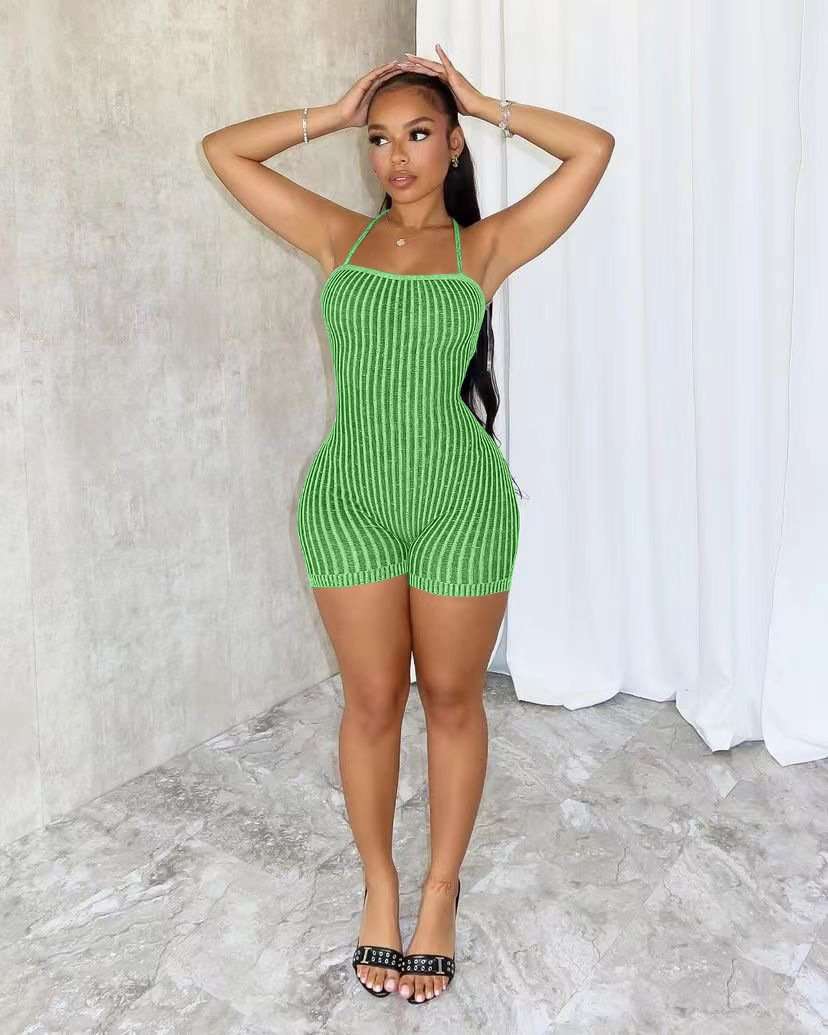Ribbed Halter Neck Romper - M, Emerald Green image