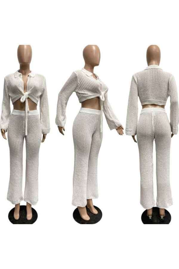 Sexy Knit Long Sleeve Top Two Piece Flared Pants Set image 5