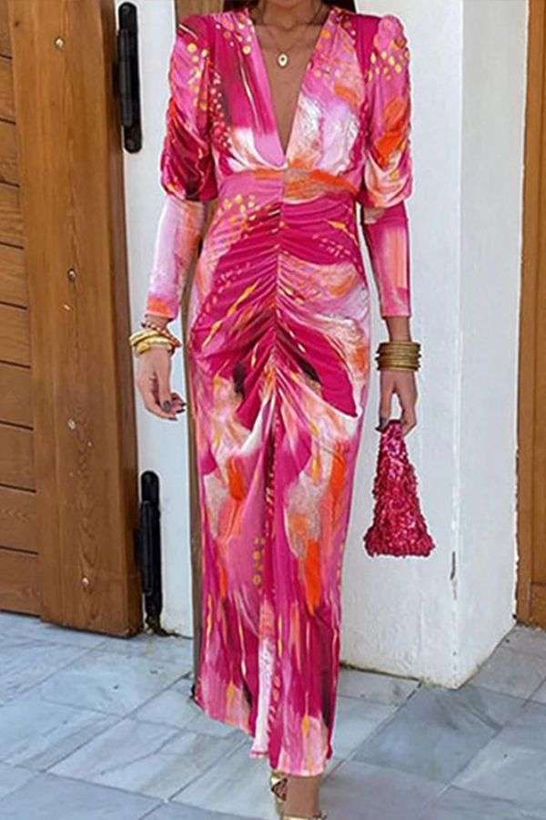 Abstract Pattern Maxi Dress with Ruched Front image 0