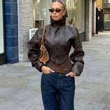 Stylish Faux Leather Cropped Jacket - M, Brown image