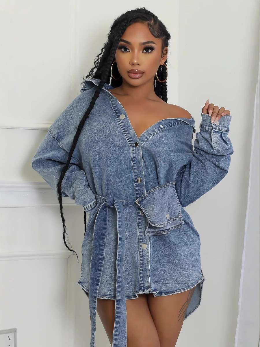Denim Shirt Mini Dress - XL, Blue image