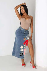 Embroidered Patchwork Denim Midi Skirt image 0