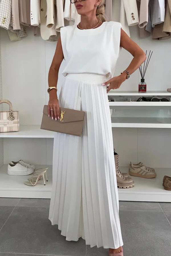 Top and Pleated Palazzo Pants Set - M, White image