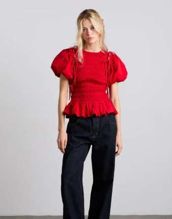 Red Smocked Puff-Sleeve Blouse image 1