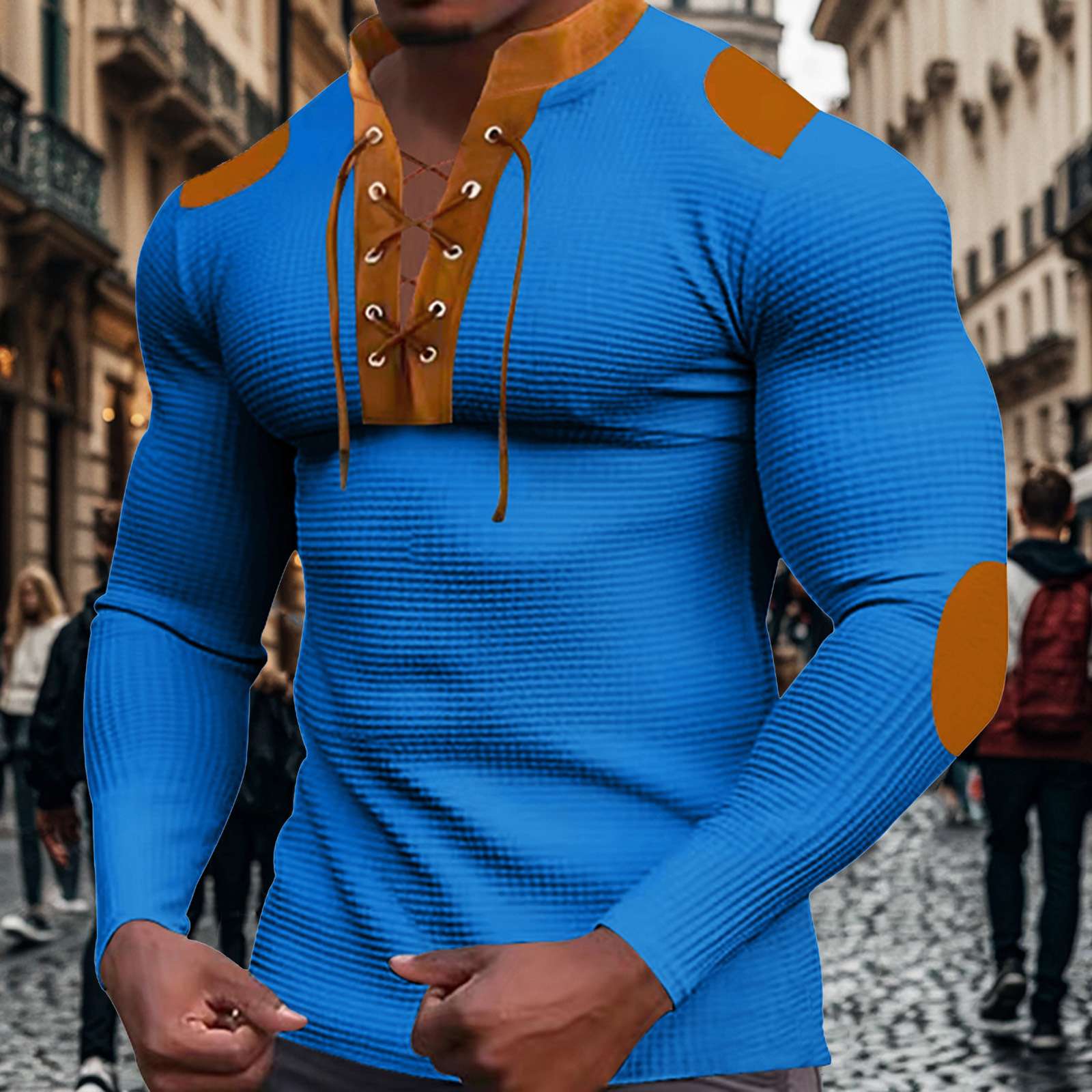 Waffle Pullover Long Sleeve Lace Up Band Collar image 5