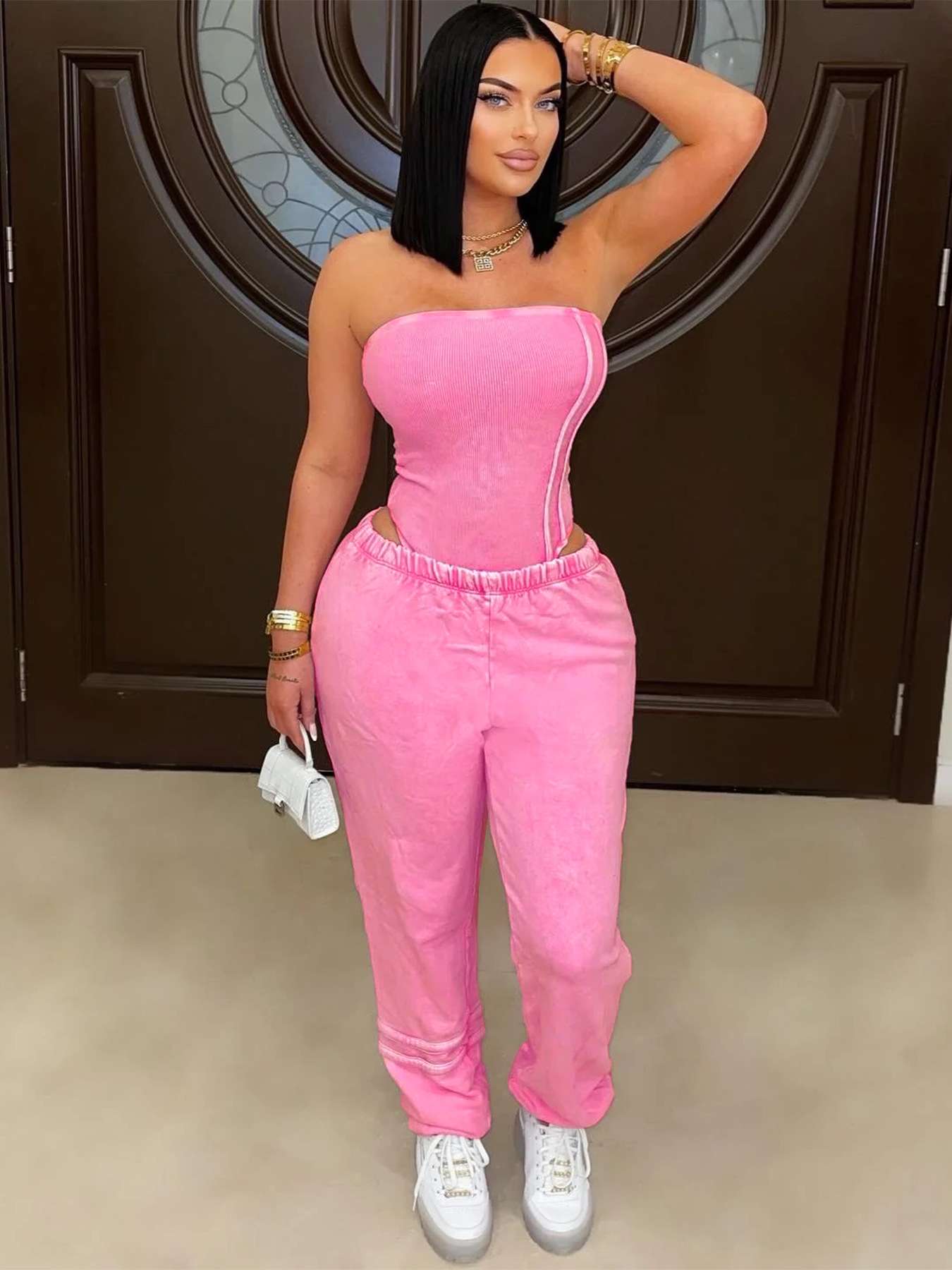 Strapless Solid Two-Piece Set - M, Pink image