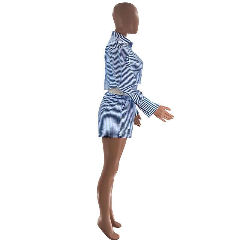 Fashion Stripe Long Sleeve Crop Shirt Shorts Set image 3