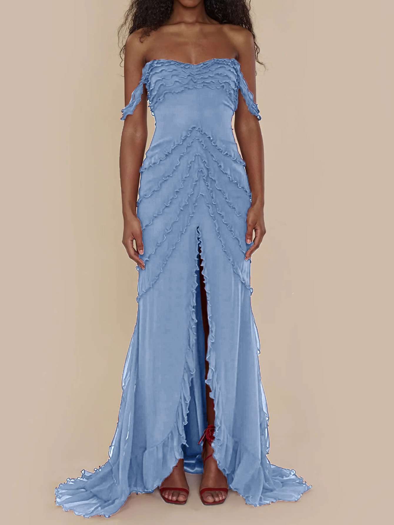 Off-Shoulder Pink Ruffled Gown - M, Blue image