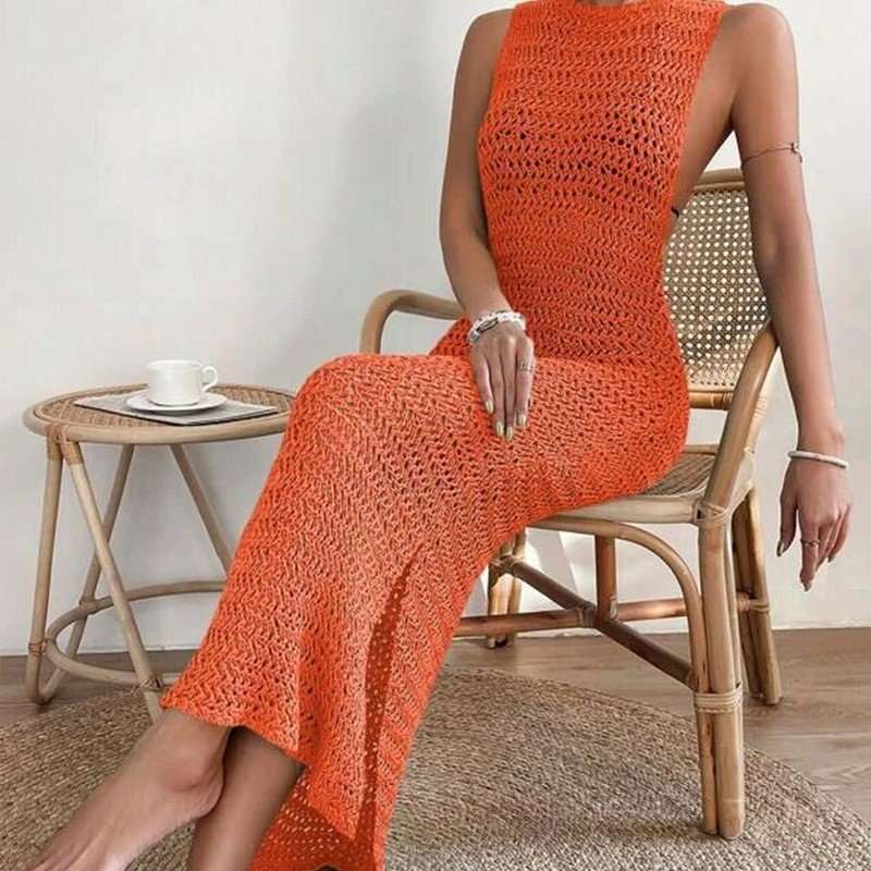Vibrant Sleeveless Crochet Maxi Dress - L, Orange image