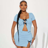 Bow-Tie Front Two-Piece Set - S, Blue image