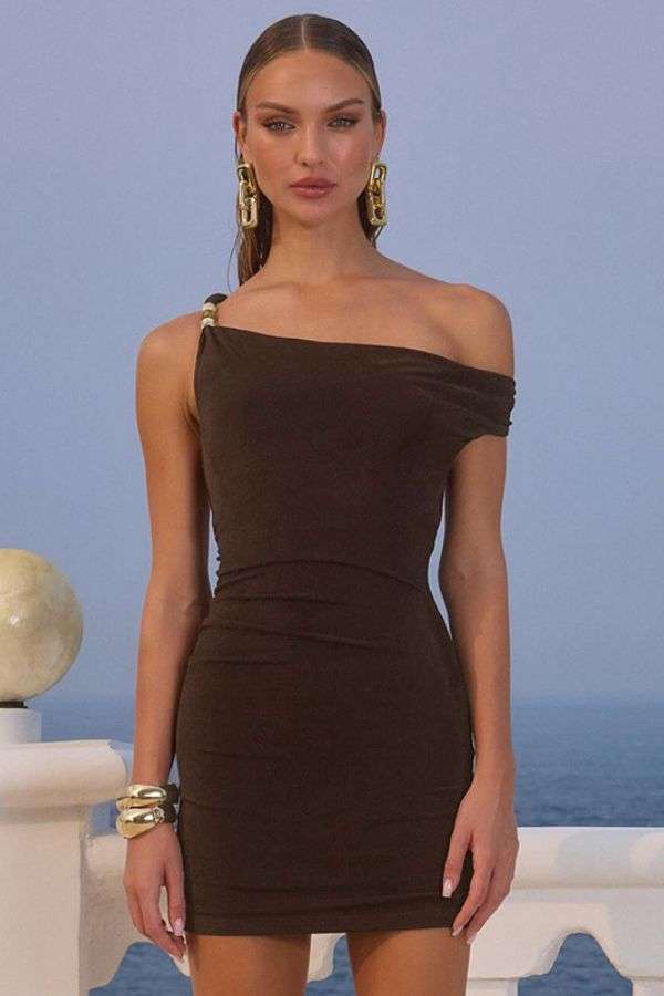One-Shoulder Brown Mini Dress image 0