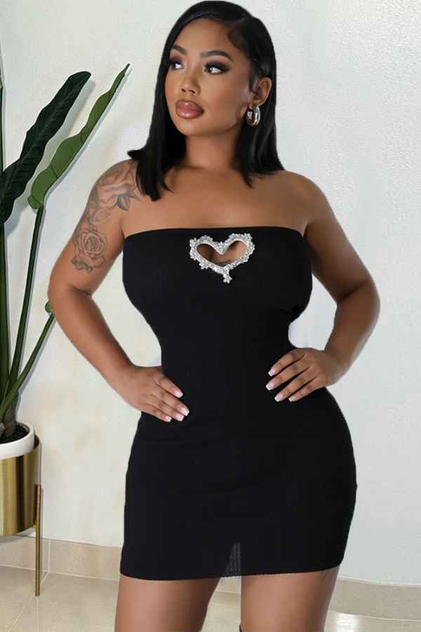 Sexy Off Shoulder Rhinestone Heart Front Mini Dress image 0