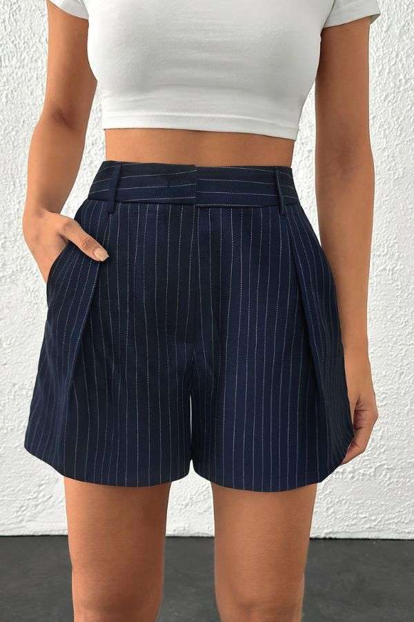 Pinstripe High-Waisted Shorts - Army Green, L image