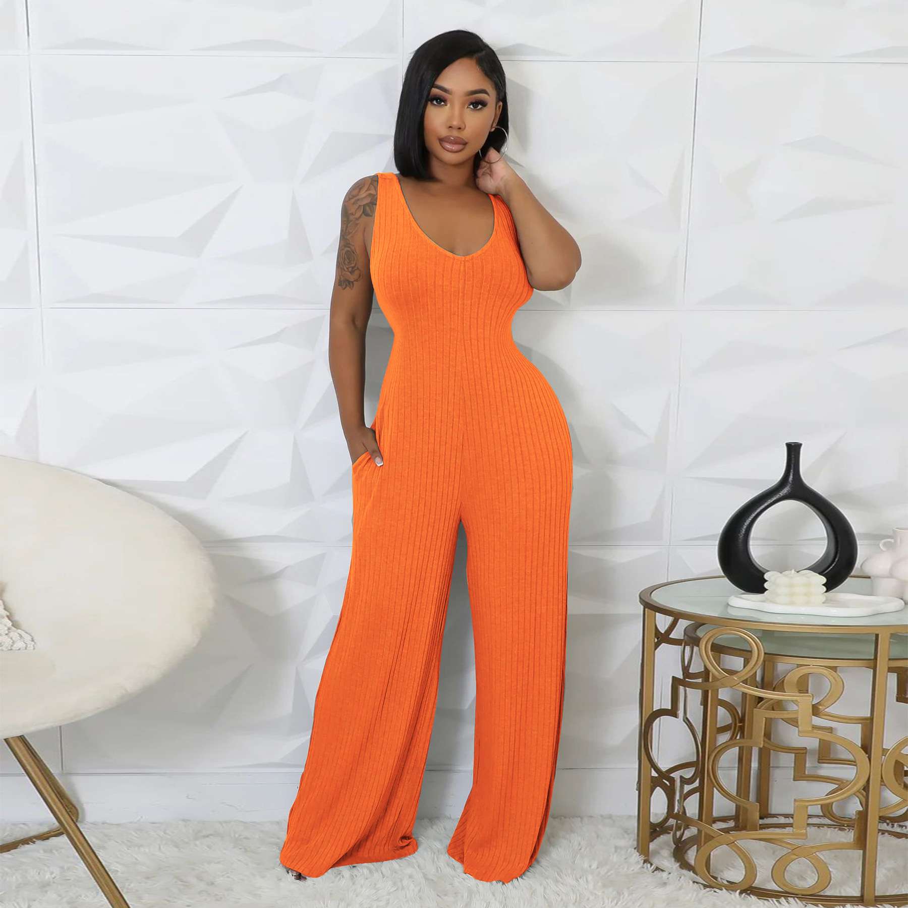 Two-Piece Jumpsuit Set - S, Orange image