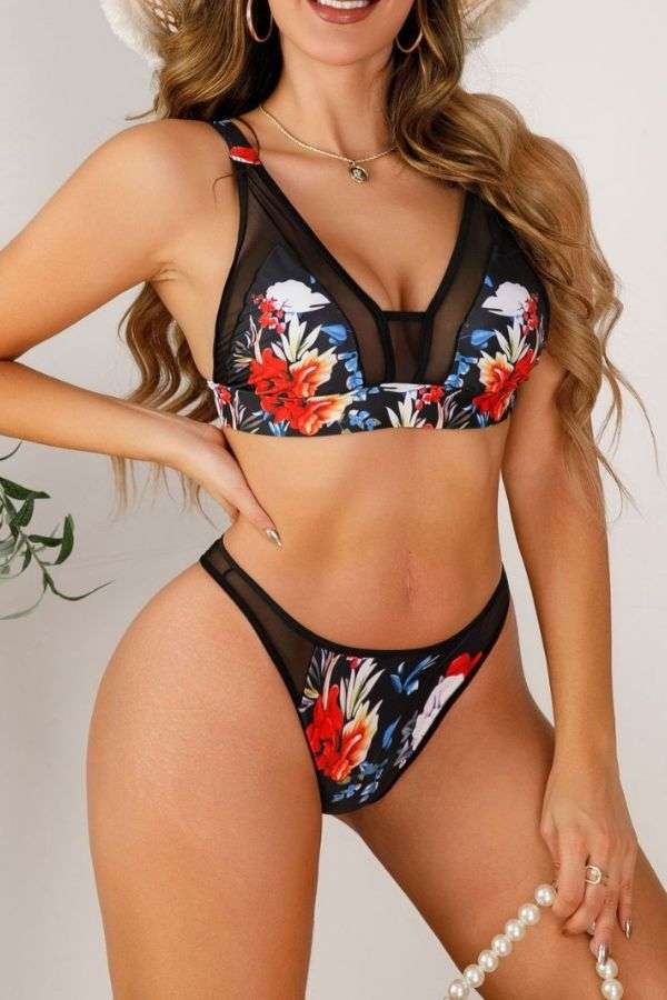 Sexy Mesh Floral Sling Swimsuit - L, Multi Black image