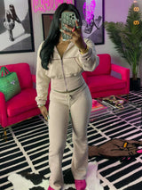 Solid Color Top And Casual Pants Set - L, Oat Beige image