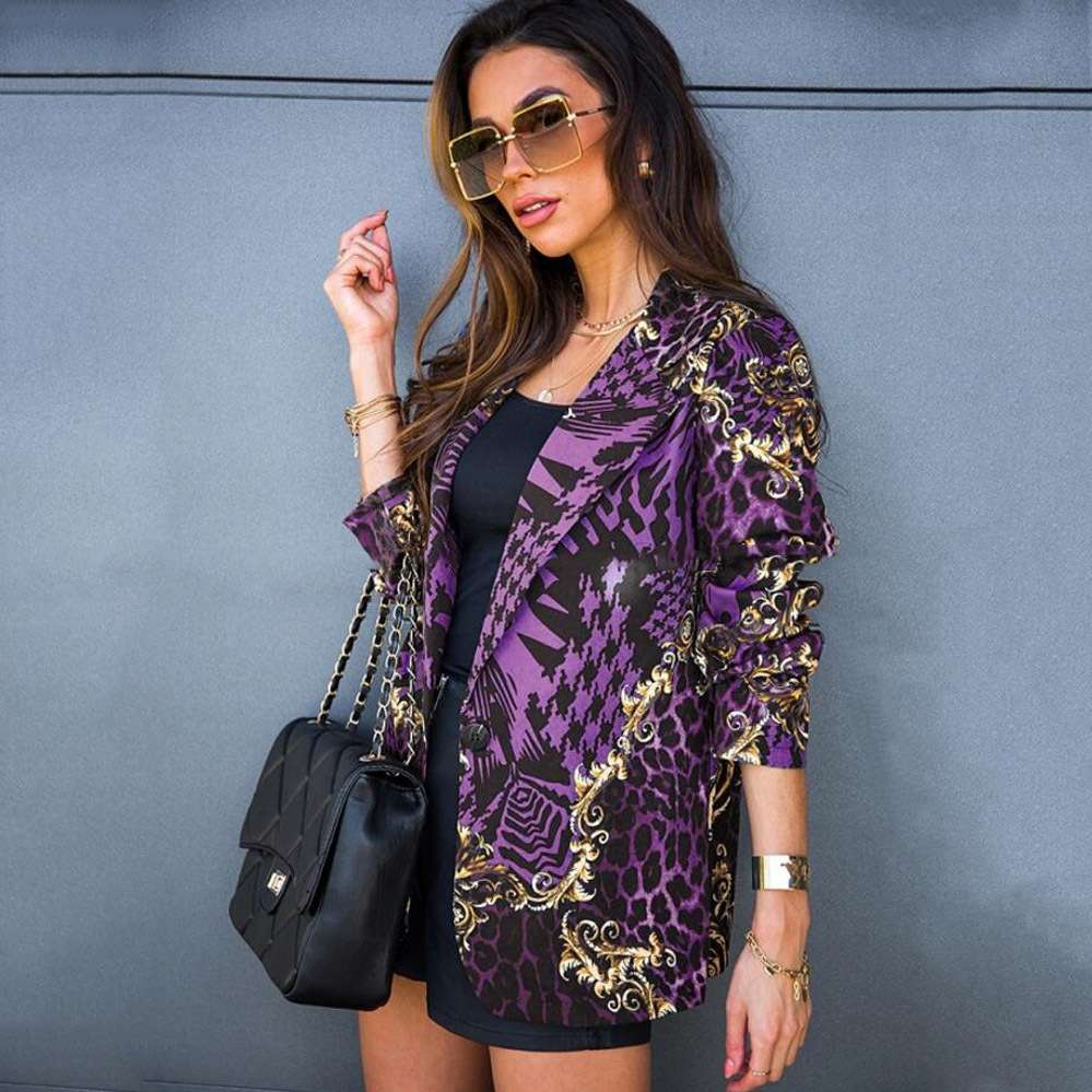 Chic Baroque Print Blazer Jacket - M, Purple image