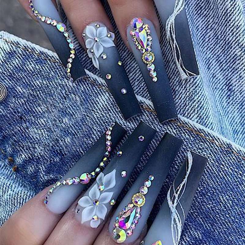 Floral Nail Art with Rhinestone Accents - Free Size, Blue image