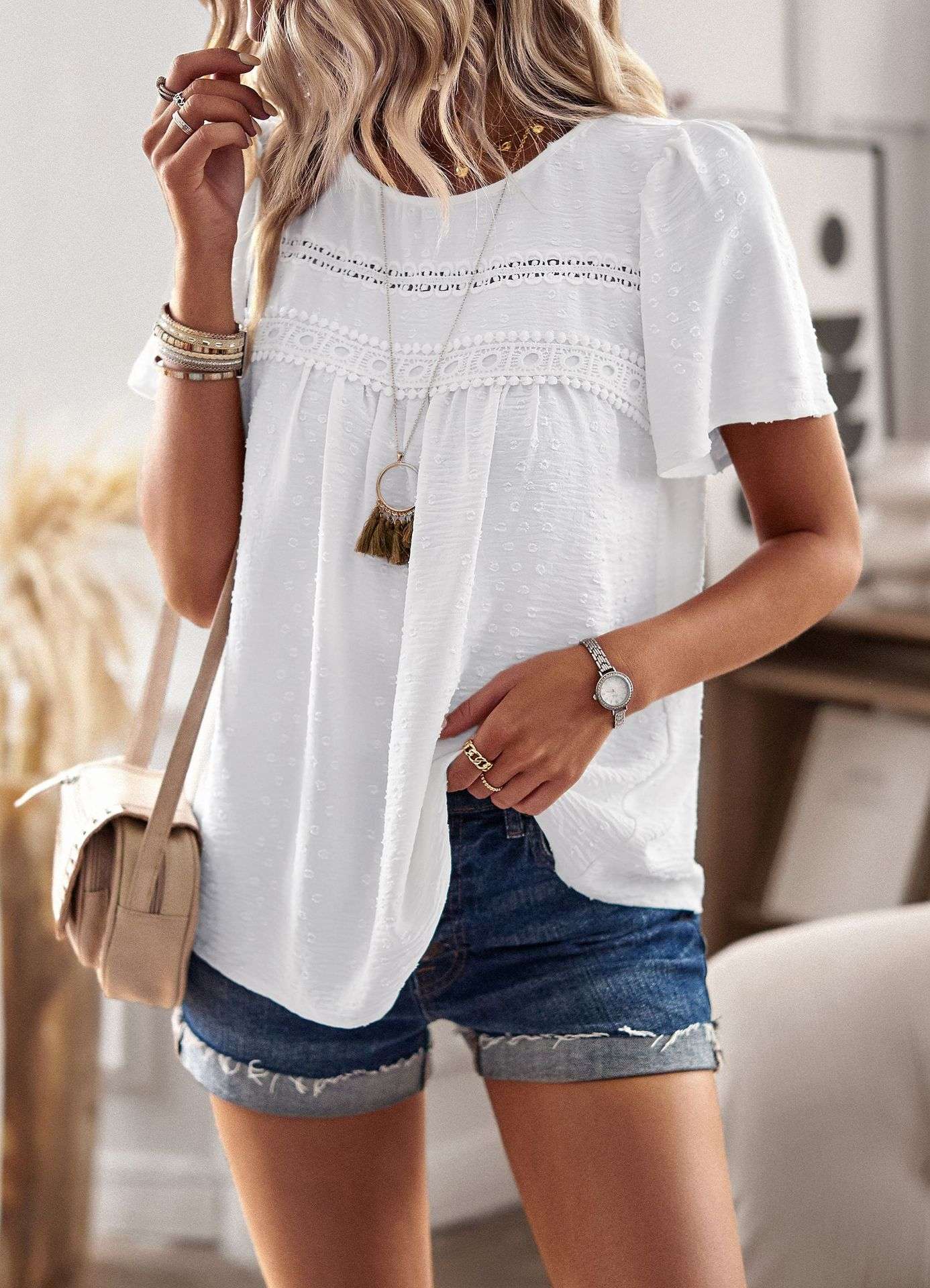 Embroidered Short Sleeve Blouse - S, White image
