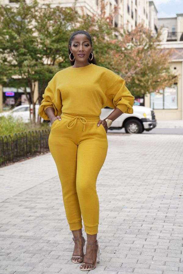 Solid O Neck Sweatshirt Pants Sets - M, Autumnal Yellow image