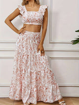 Floral Print Ruffle Crop Top & Maxi Skirt Set - S, Pink image