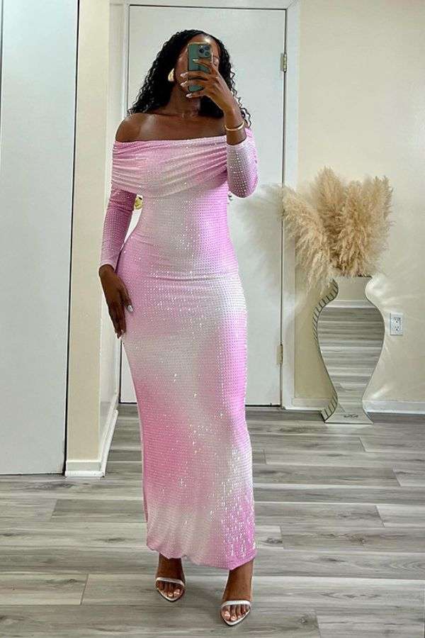Elegant Off-Shoulder Sequin Maxi Dress - M, Multi Pink image