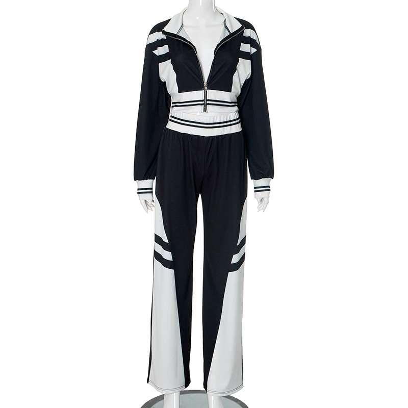Colorblock Cropped Zipper Coats Pant Sets image 3