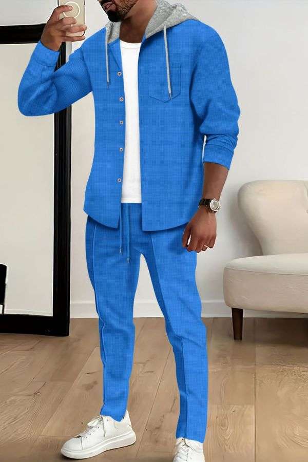 Slim Fit Waffle Hoodie & Cardigan Tracksuit - XL, Aquatic Blue image