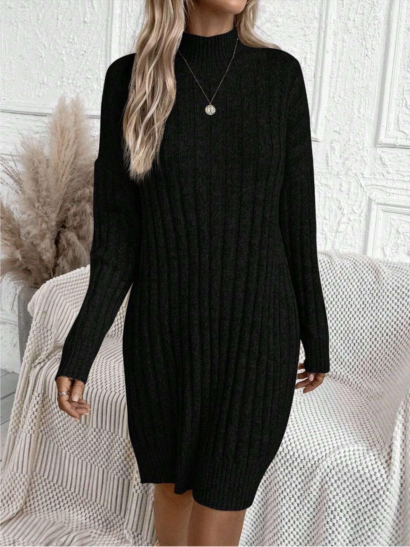 Elegant Knitted Striped Turtleneck Dress - S, Black image