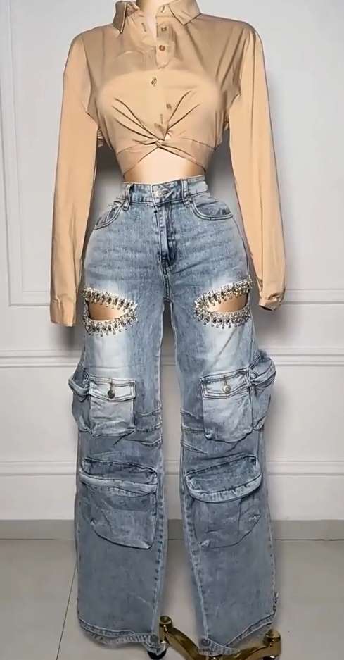 Rhinestone Cutout Cargo Jeans in Black image 4