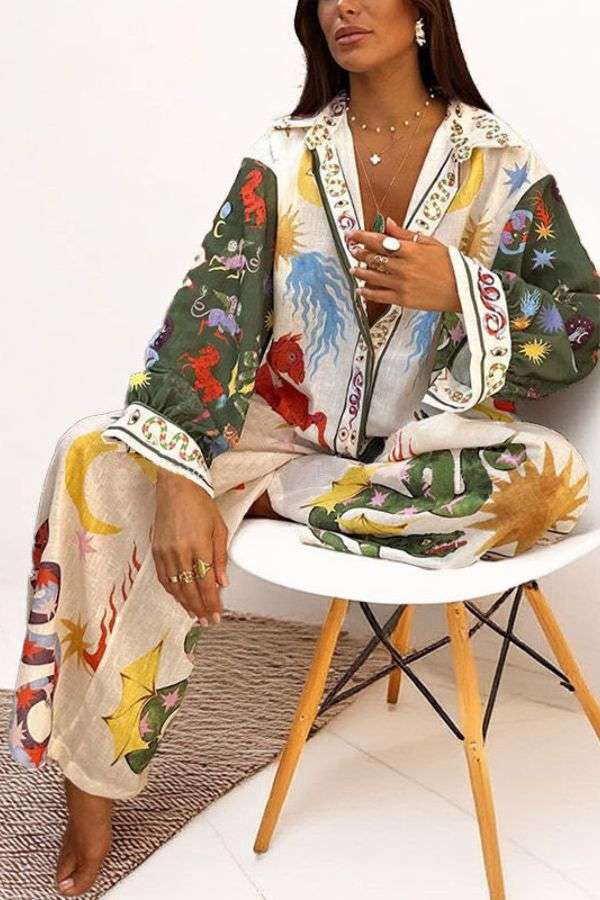 Printed Pajama Set - M, Light Beige image