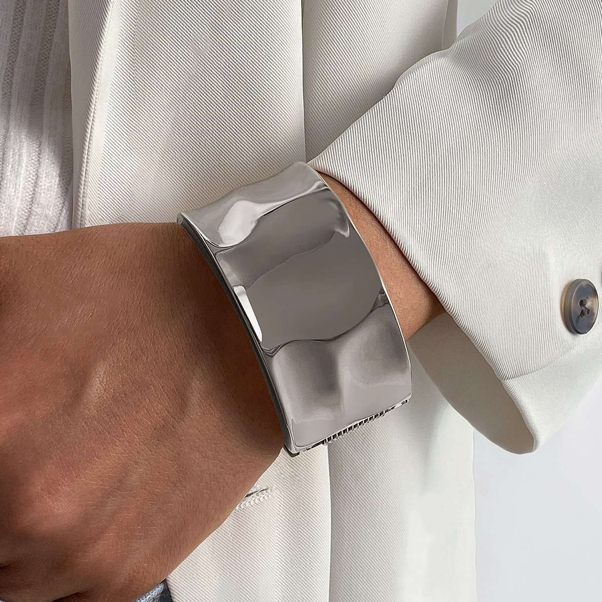 Wide Square Cuff Bracelet - Free Size, Silver image