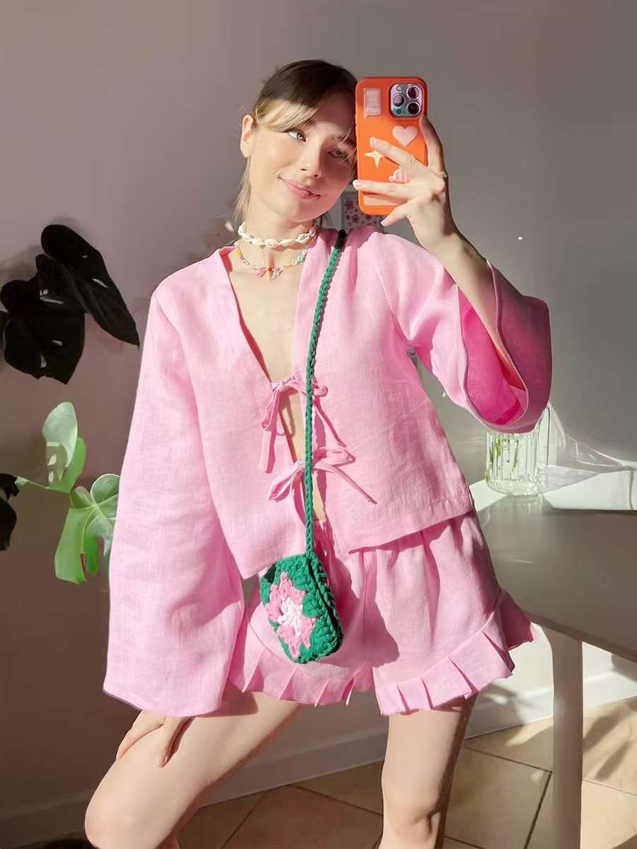 Tie-Front Top & Pleated Shorts Set - M, Pink image