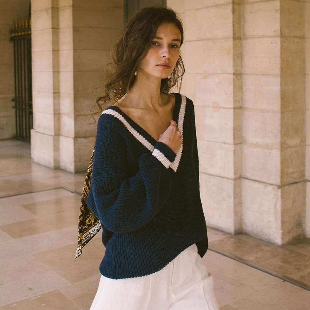 V neck Striped Loose Casual Pullover Top - M, Marine Blue image