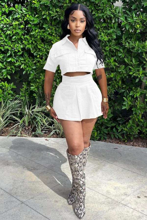 Utility Crop Top & Pleated Skirt Set - S, White image