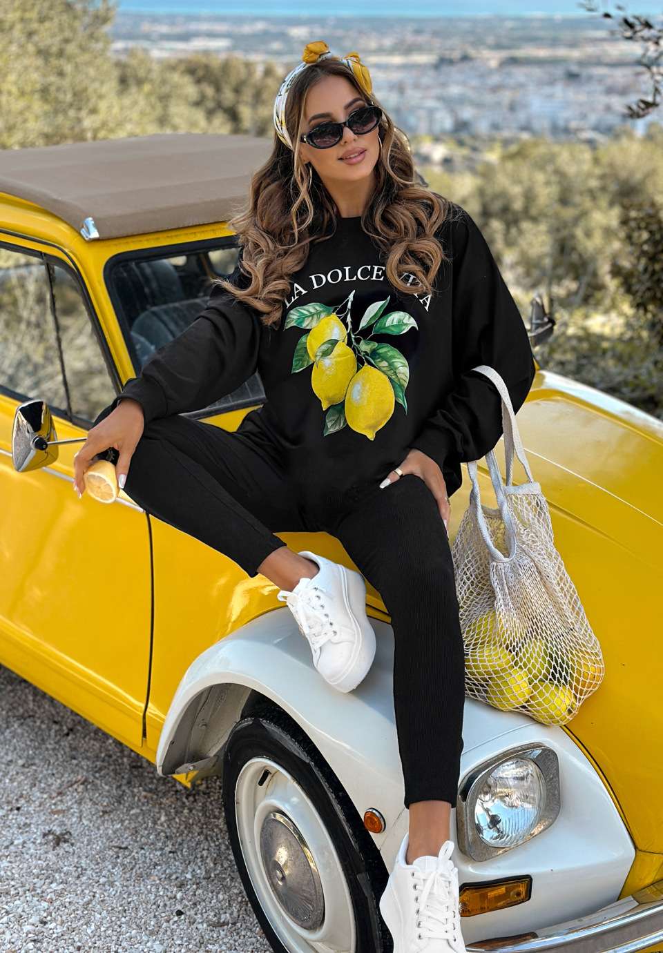 Lemon Print Sweatshirt and Leggings Set - M, Black image