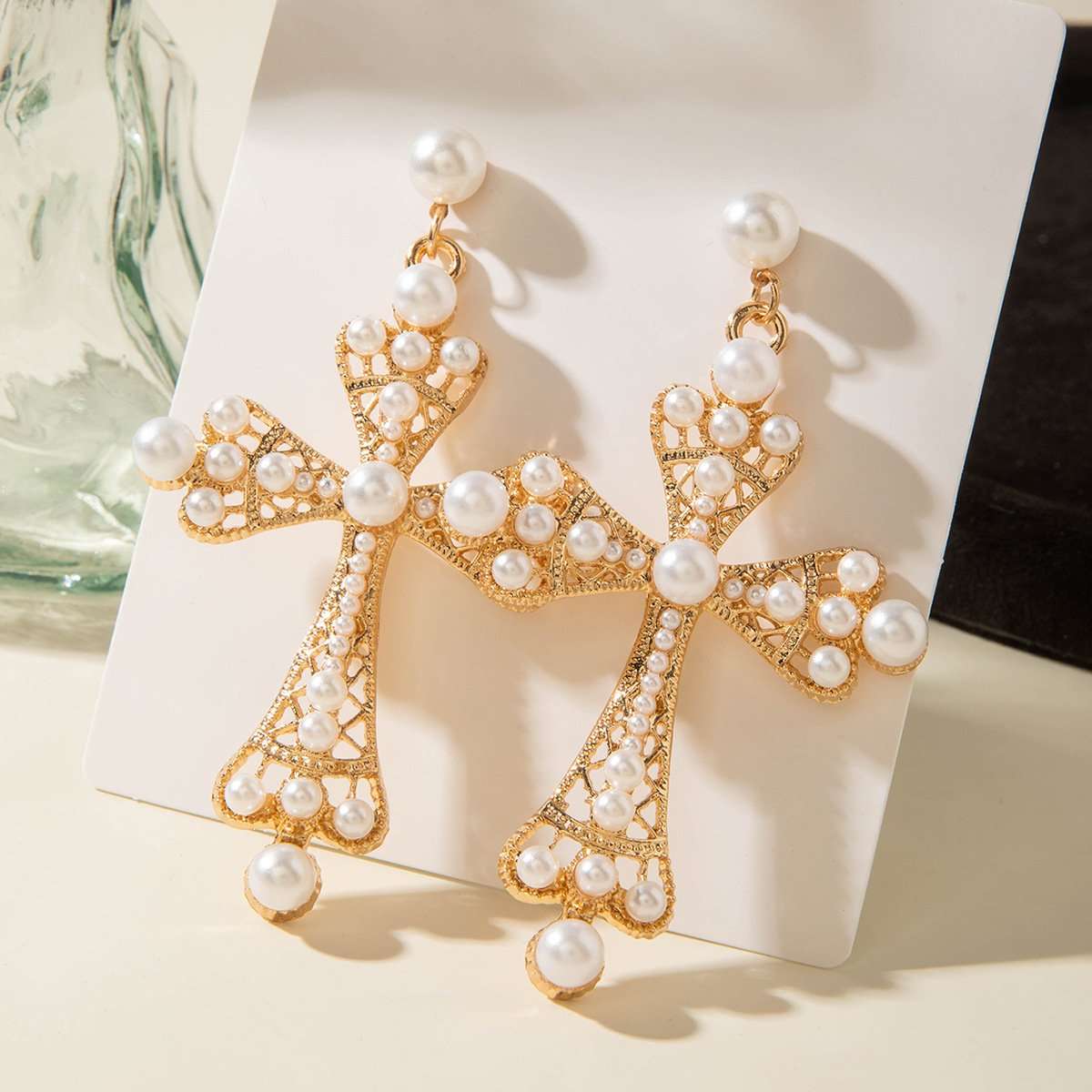 Pearl Cross Drop Earrings image 3