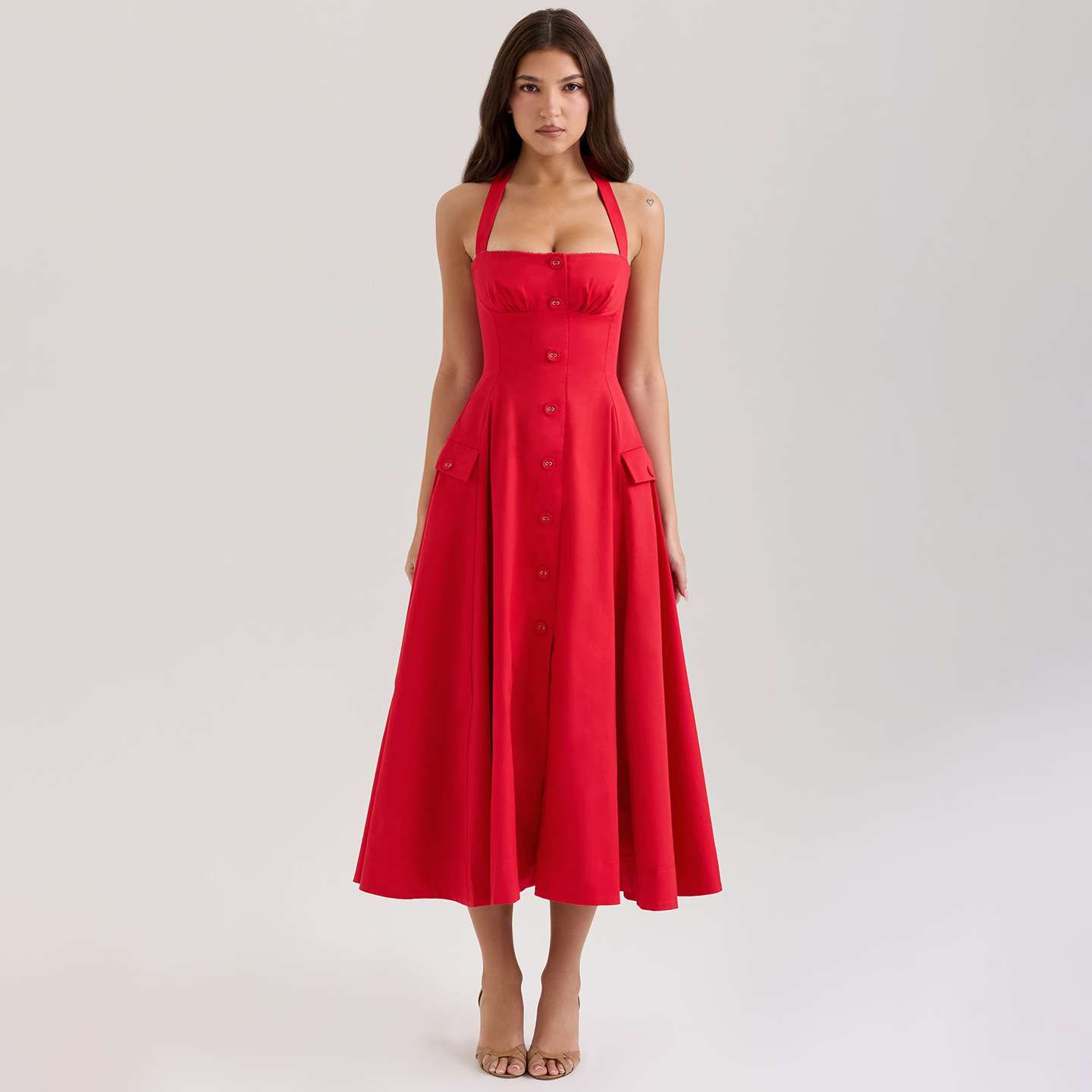 Button-Front Maxi Dress - S, Red image