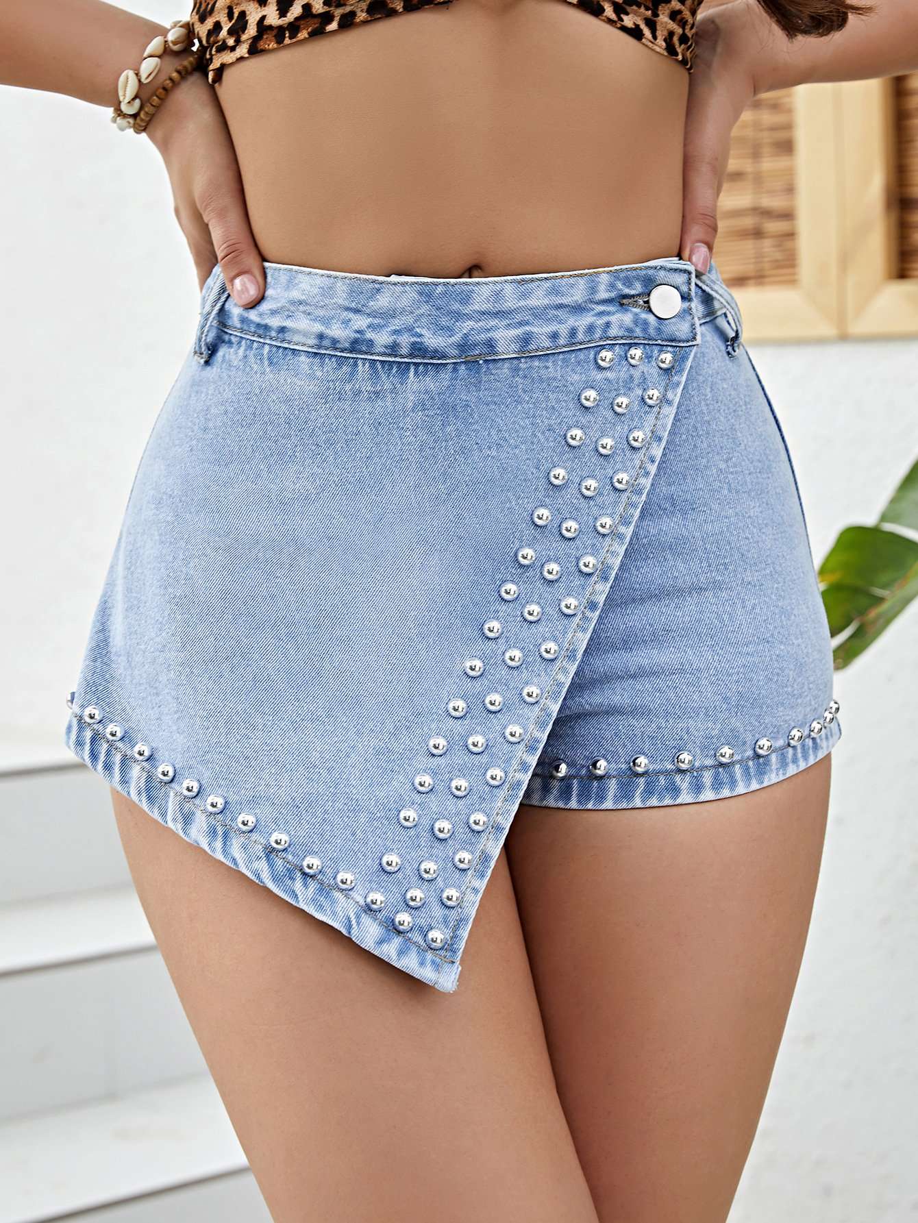 Mini Shorts with Studded Overlay - M, Blue image