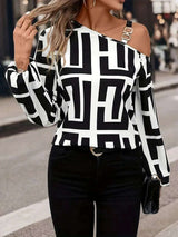 Off Shoulder Geometric Print Lon sleeve Top image 2