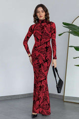 Stand Collar Dark Floral Print Casual Dress - M, Red image