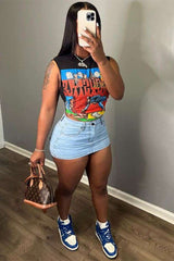 Retro Comic Graphic Sleeveless Crop Top - S, Black image