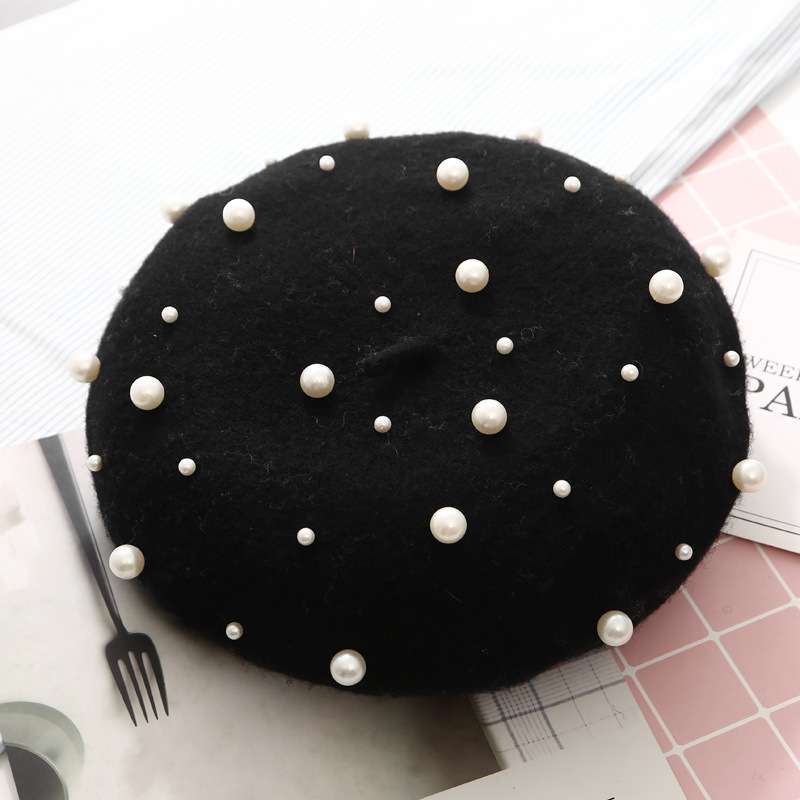Embellishment Beaded Studs Crochet Cashmere Beret Cap image 1