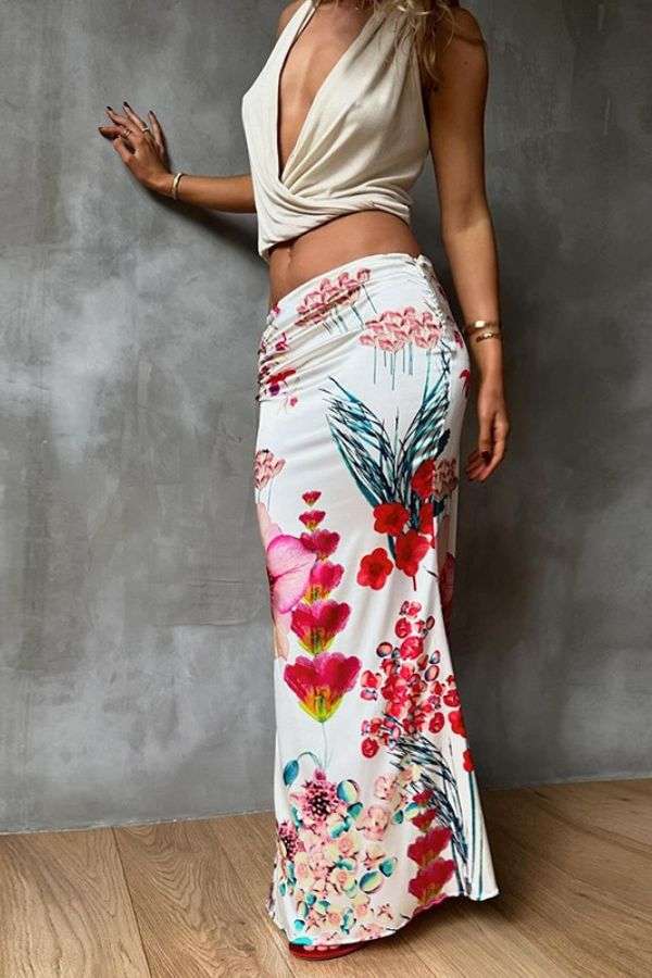 White Floral Print Maxi Skirt - L, Multi White image