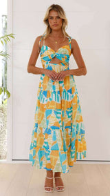 Tropical Maze Cutout Midi Dress - M, Multi Blue image