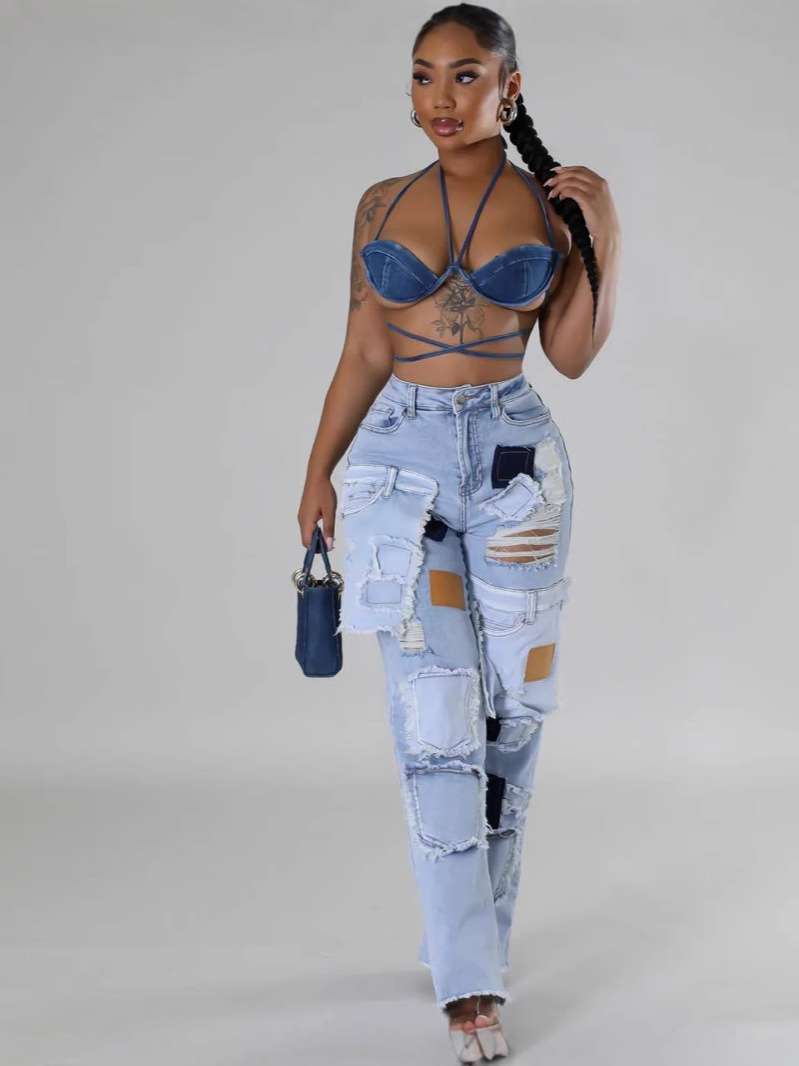 Fashion Patchwork Denim Pants - M, Denim Blue image