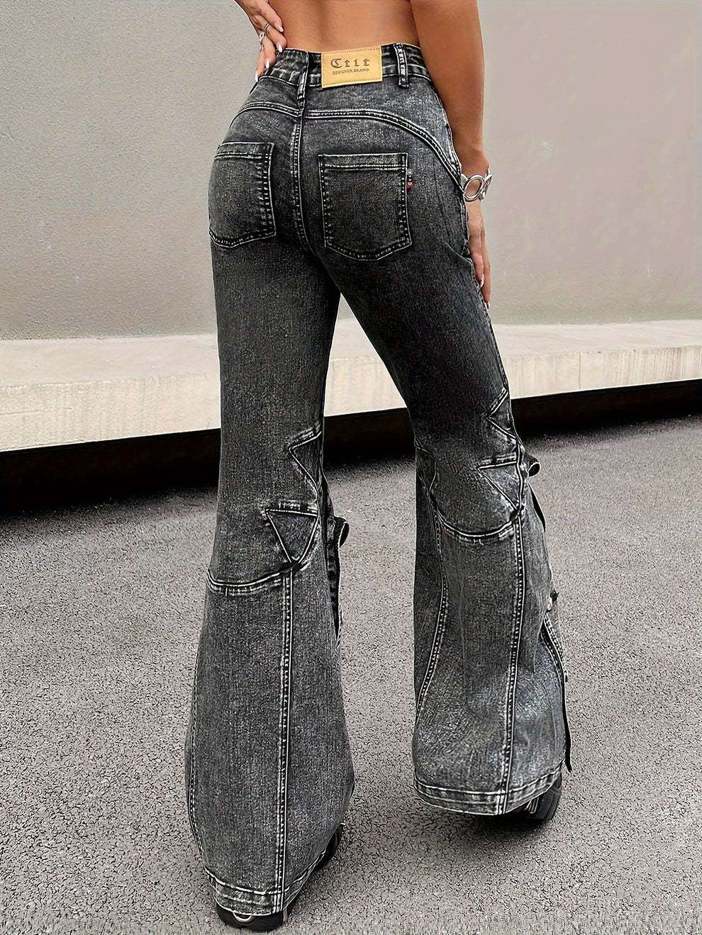 Pocket Patchwork Fringed Flare Casual Jeans image 3