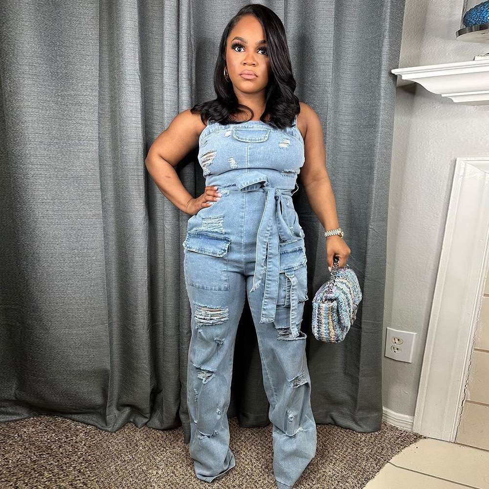 Wrapped Chest Sleeveless Denim Jumpsuit - M, Denim Blue image